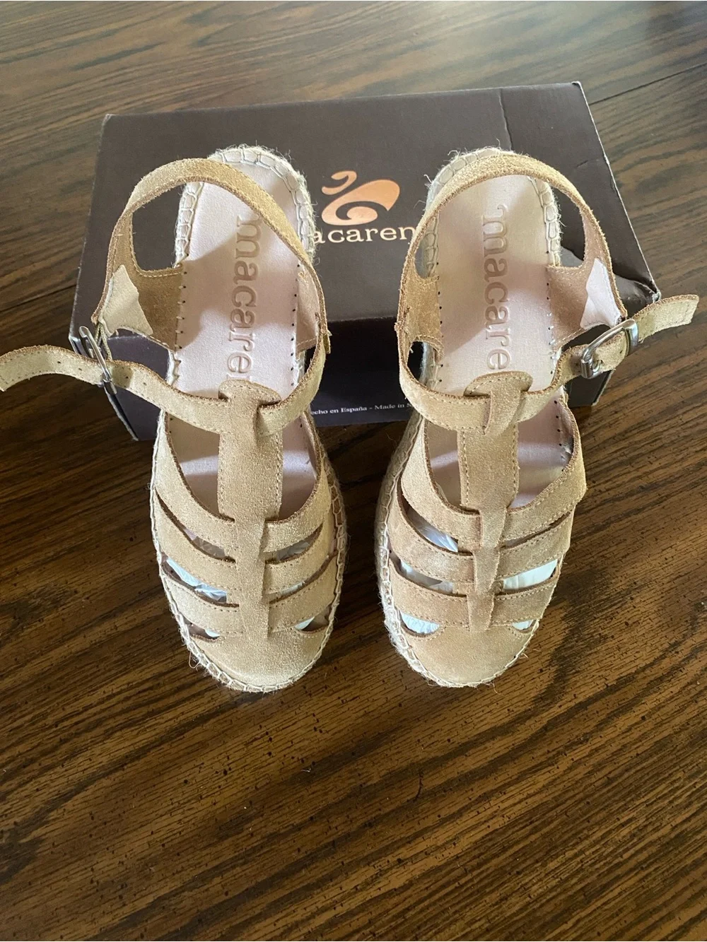 Macarena Spain Suede Caged Espadrille Sandals Tan Beige 38 US 7.5 8 Box